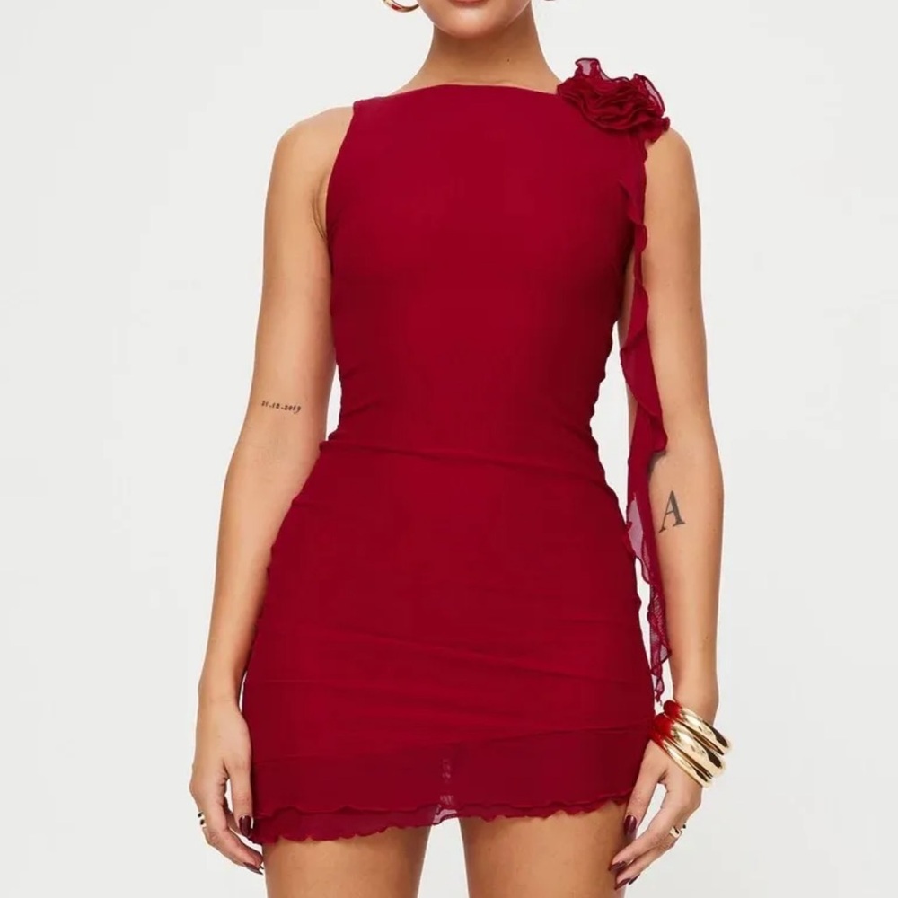 Princess Polly Red Sleeveless Mini Dress with Floral Shoulder Detail